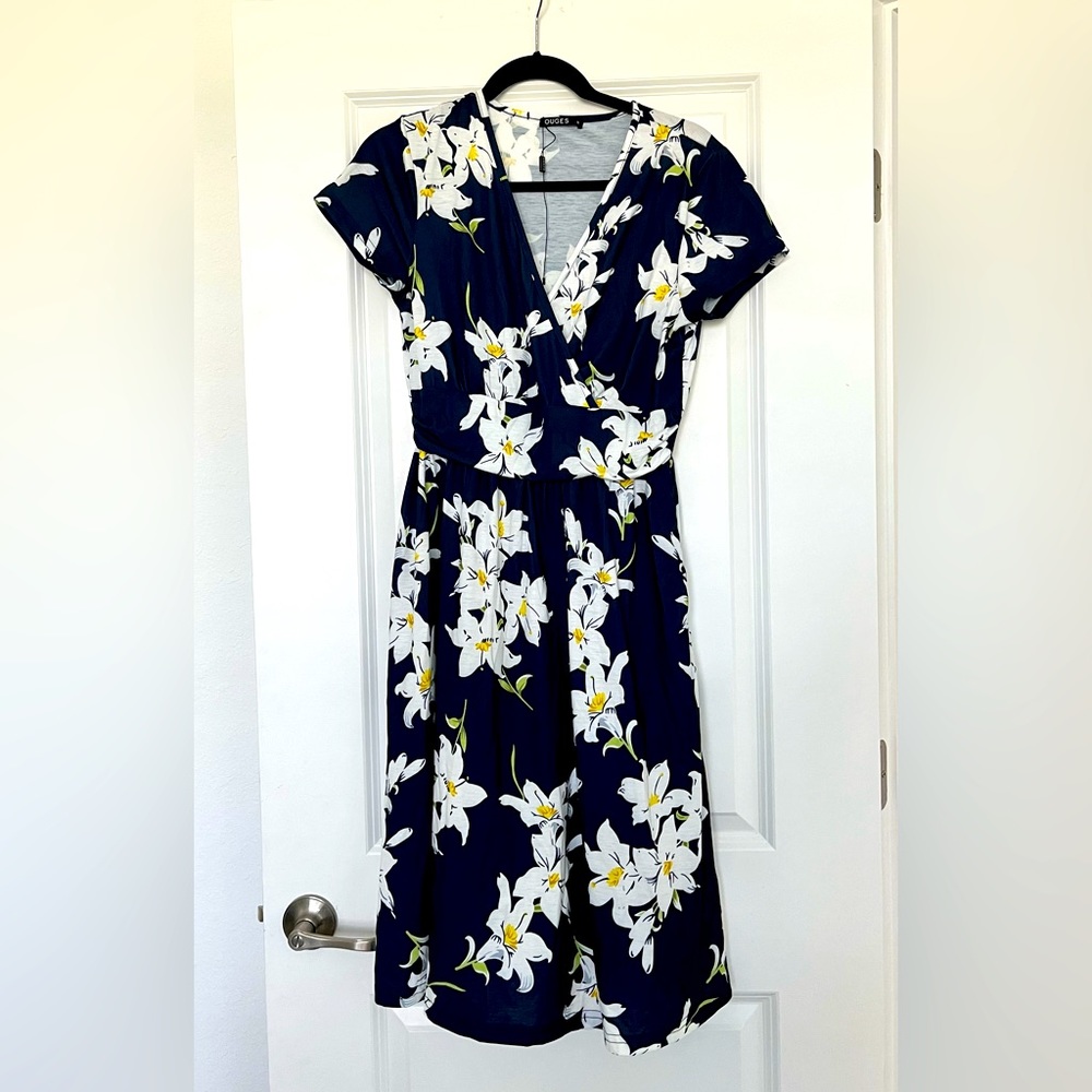 Navy floral faux wrap dress